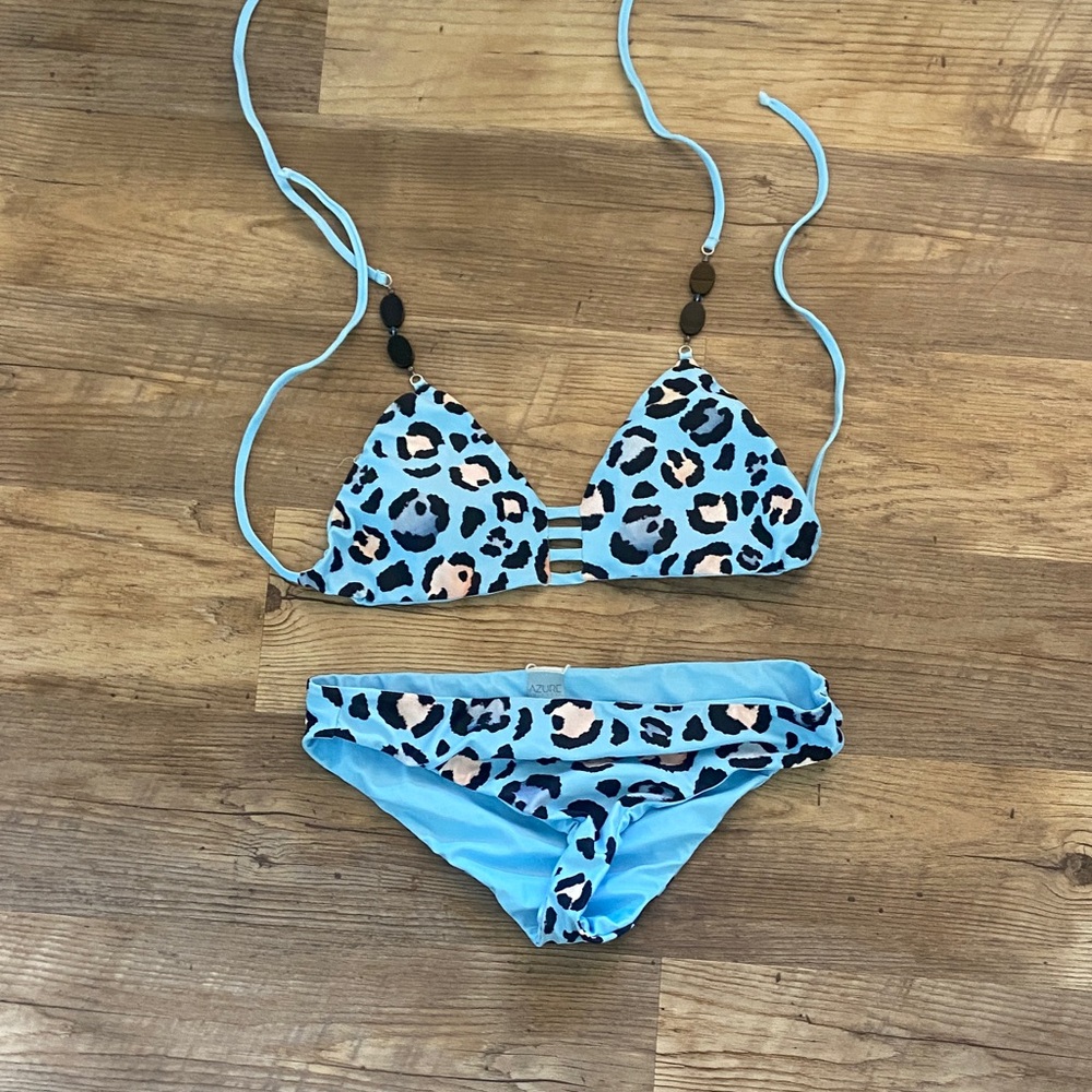 Blue Leopard Print Triangle Bikini Set